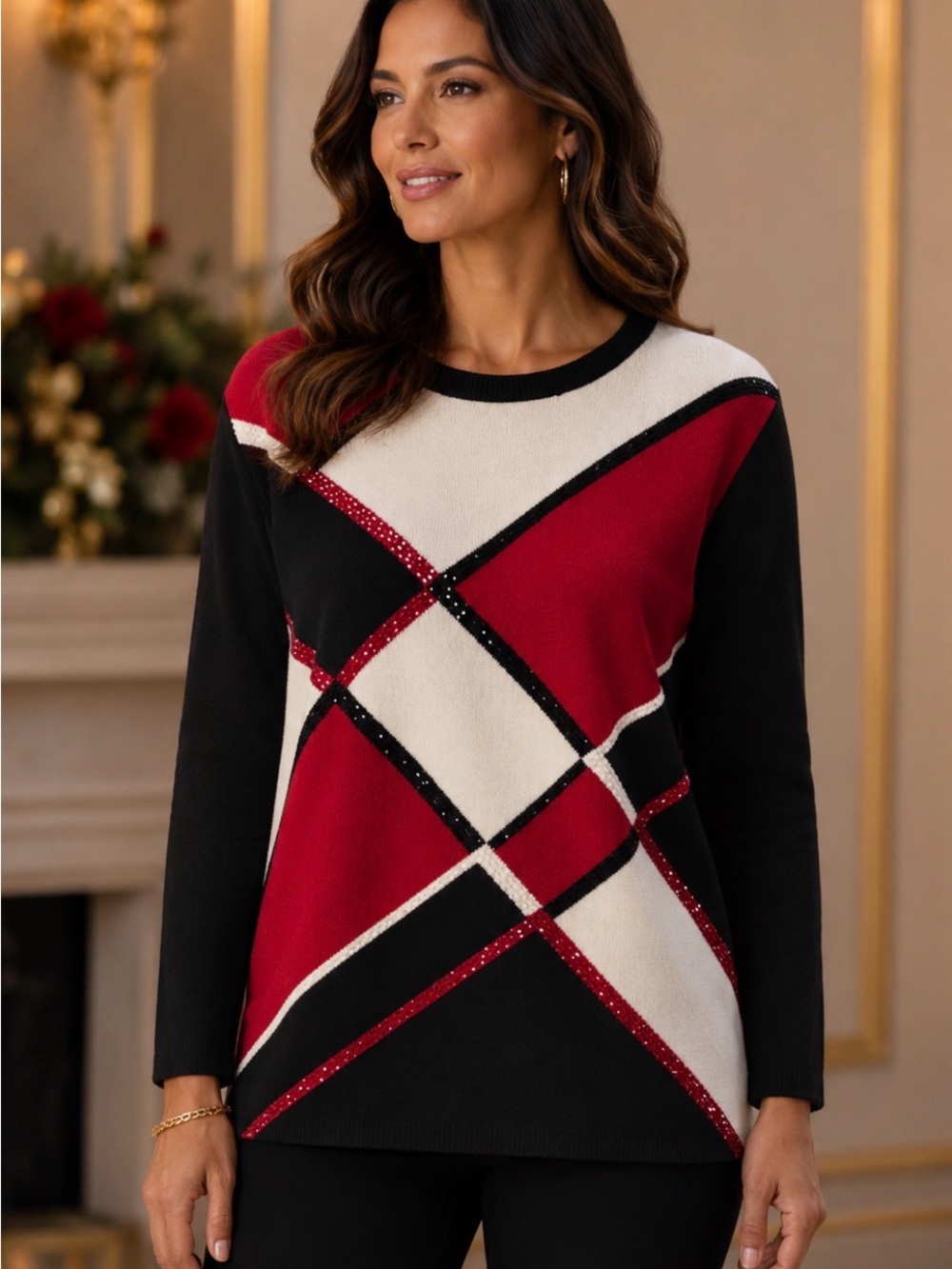 💋Alfred Dunner Red, Black & White Geometric Sweater